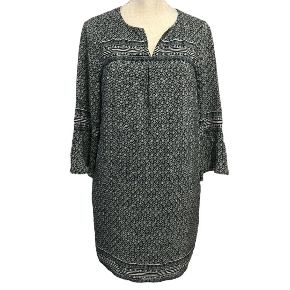 Madewell Dress Green White 100% Silk Boho Bell Sleeve with Pockets